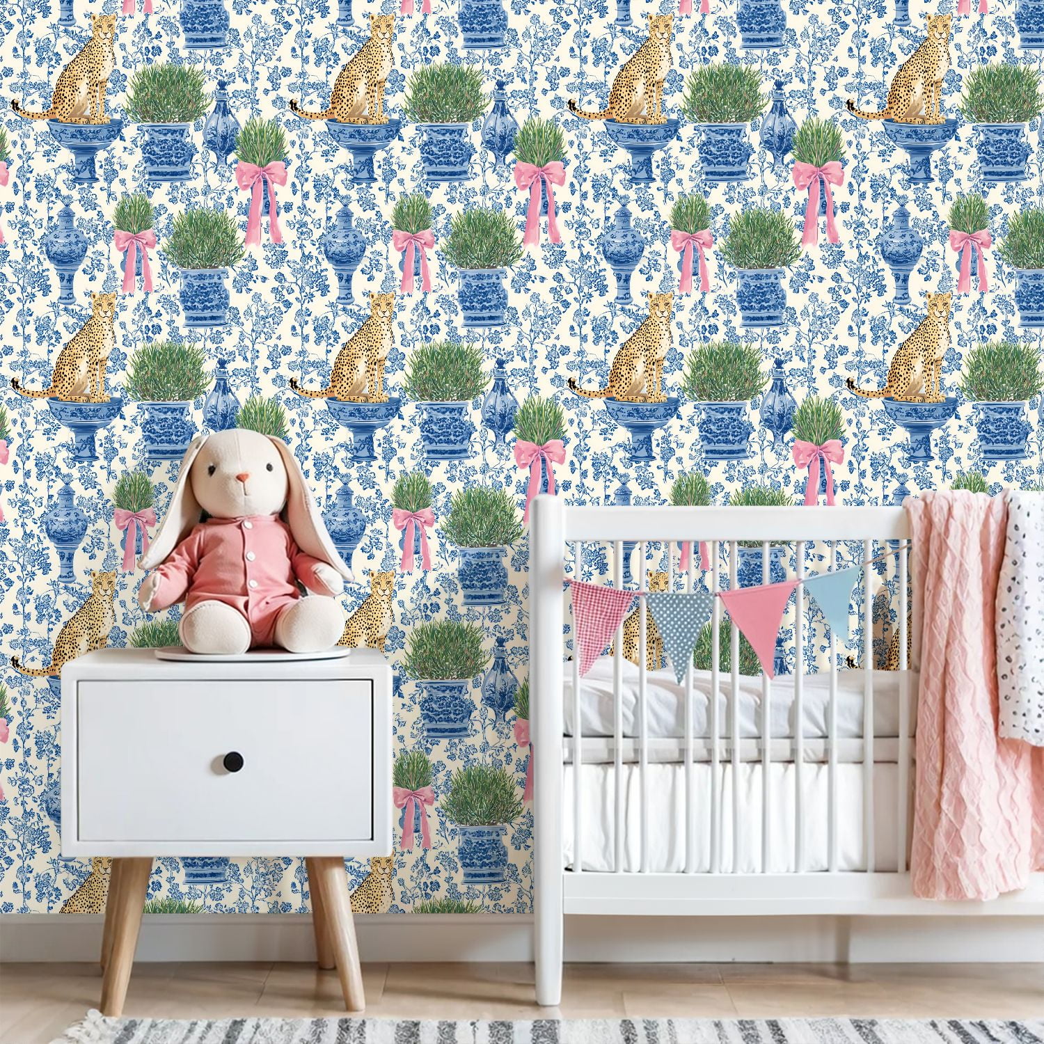 Cheetah Peel and Stick Wallpaper 23.6in x 9.8ft Blue White Floral Cheetah Ribbon Tied Planters Contact Paper Vinyl Waterproof Self Adhesive Wall Paper for Bedroom Shelf Cabinet Renter Friendly