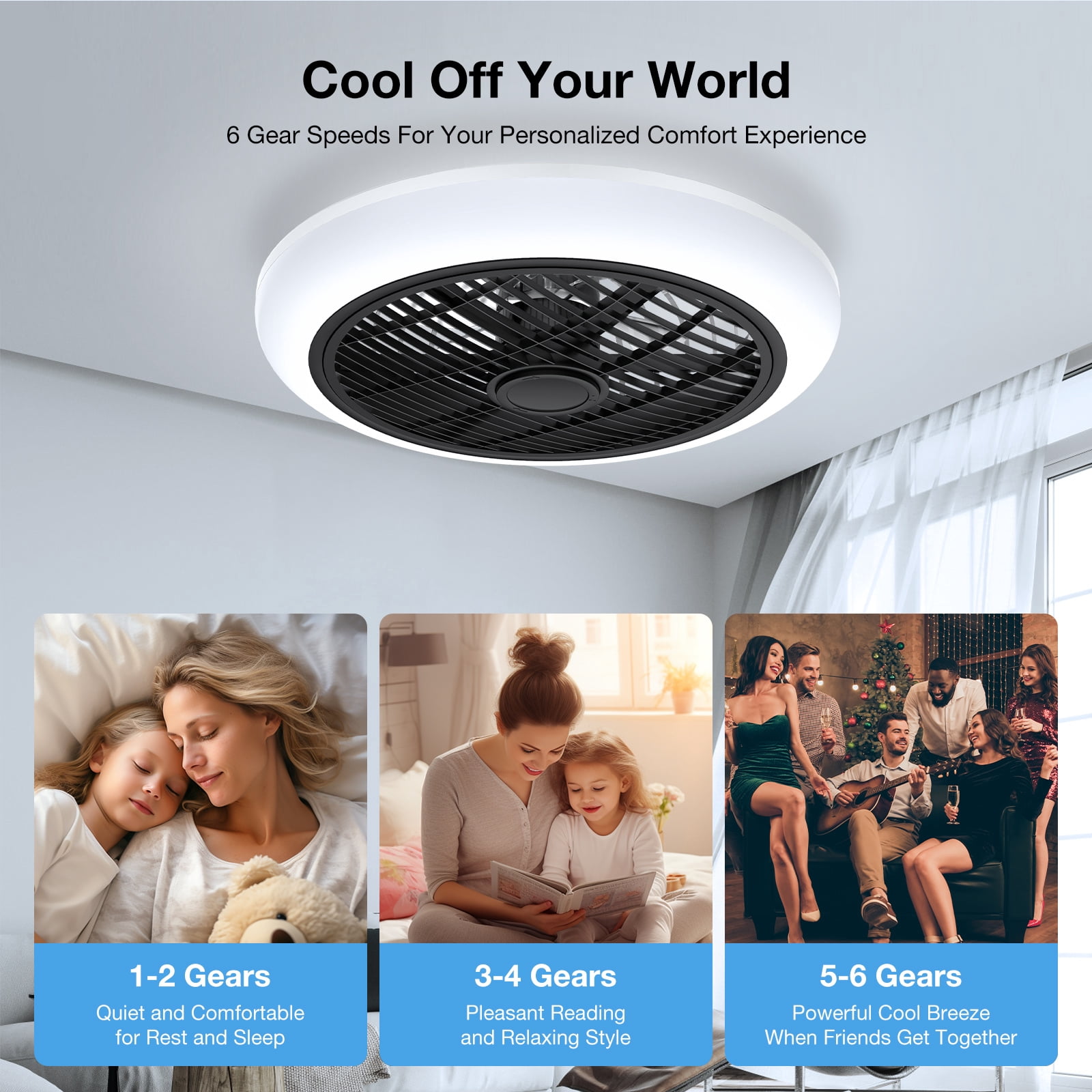 BLITZWILL 18in Ceiling Fan with Light, 6-Speed Reversible, Dimmable LED Timing with Remote & APP Control, Modern Bladeless Flush Mount Ceiling Fan, Black