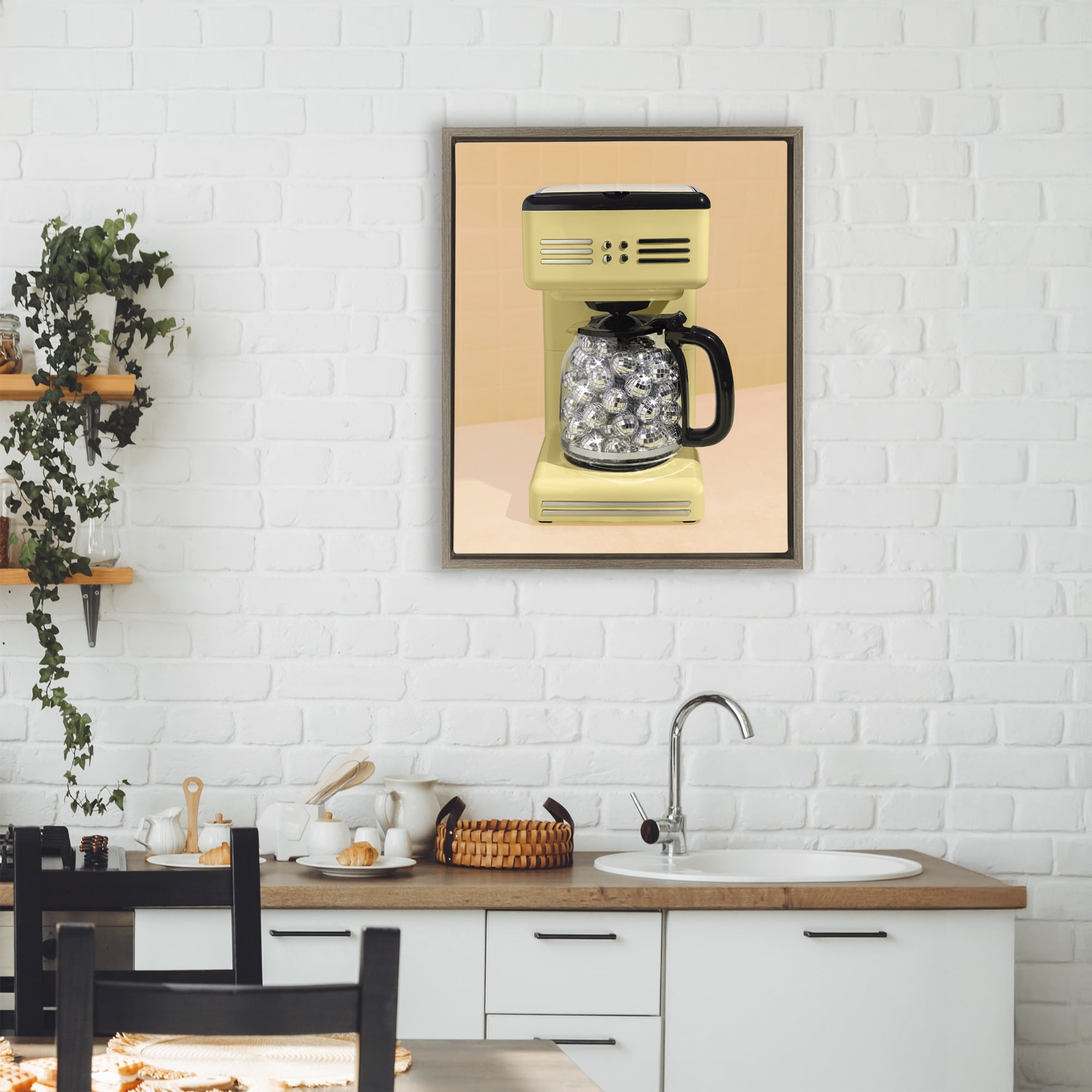 Stupell Industries Disco Coffee Maker over Yellow Brown Framed Floater Canvas Wall Art, design by LISH Creative