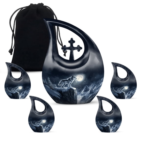 MUKTIVE Wolf Funeral Urns for Human Ashes Adult Man, Combo Sets Black Urn for Ashes for Women, Cremation Urn for Mother & Father, Midnight Burial Urns for Adult Male, (1 Large 10 ", 4 Keepsake 3 ")