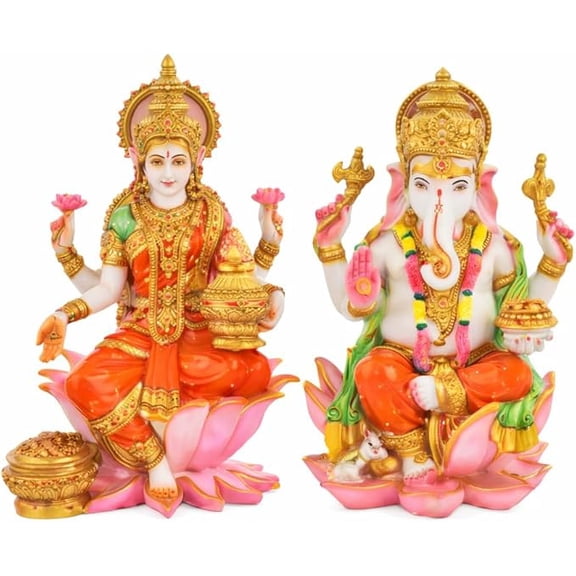 Lakshmi Ganesha Idol Set for Home Pooja, 7 Inch Resin Hindu God Statues on Lotus, Diwali Puja Decor, Temple & Gift Item