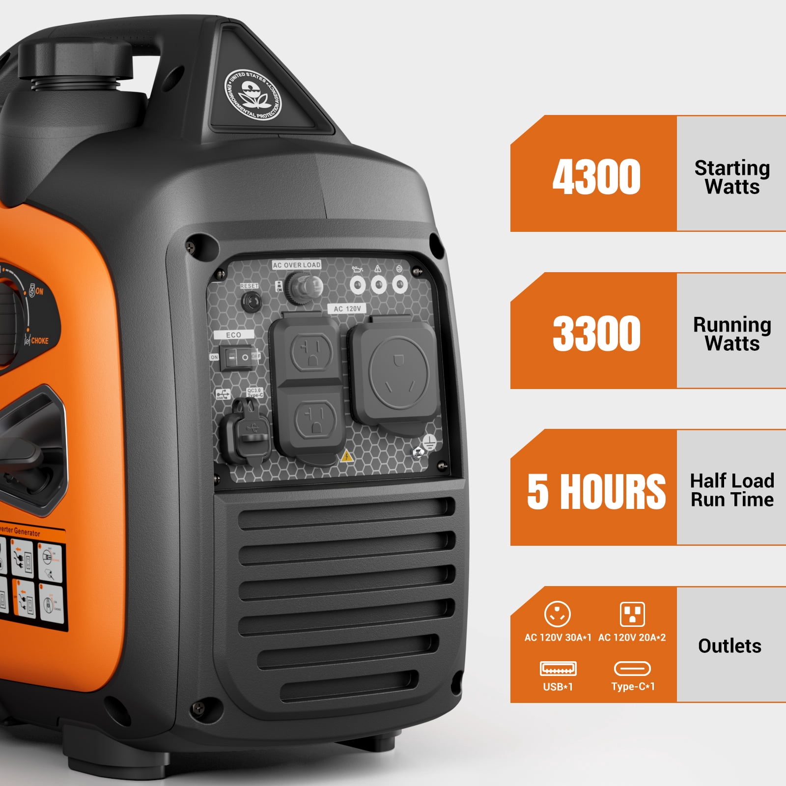 Efurden 4300W Portable Inverter Generator, Gas Generator for Outdoor Camping and Home Backup Use, Super Quiet Low Oil Shutdown, ECO Mode