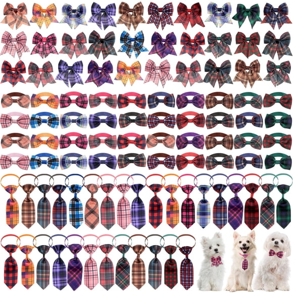 Reginary Ensemble de 100 Pcs Nœud Papillon pour Chien Comprend 40 Nœuds Papillon pour Chiot, 30 Fleurs de Col, Attaches Ajustables pour Petits et Moyens Chats Animaux (Carreaux)