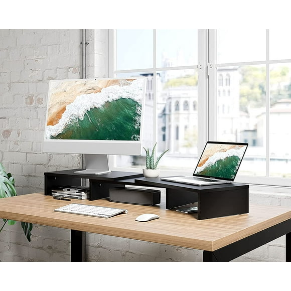 FITUEYES Dual Monitor Stand with Swivel Adjustable Shelf Wood Laptop Desktop Organizer Stand for Home Office and School Use, Black
