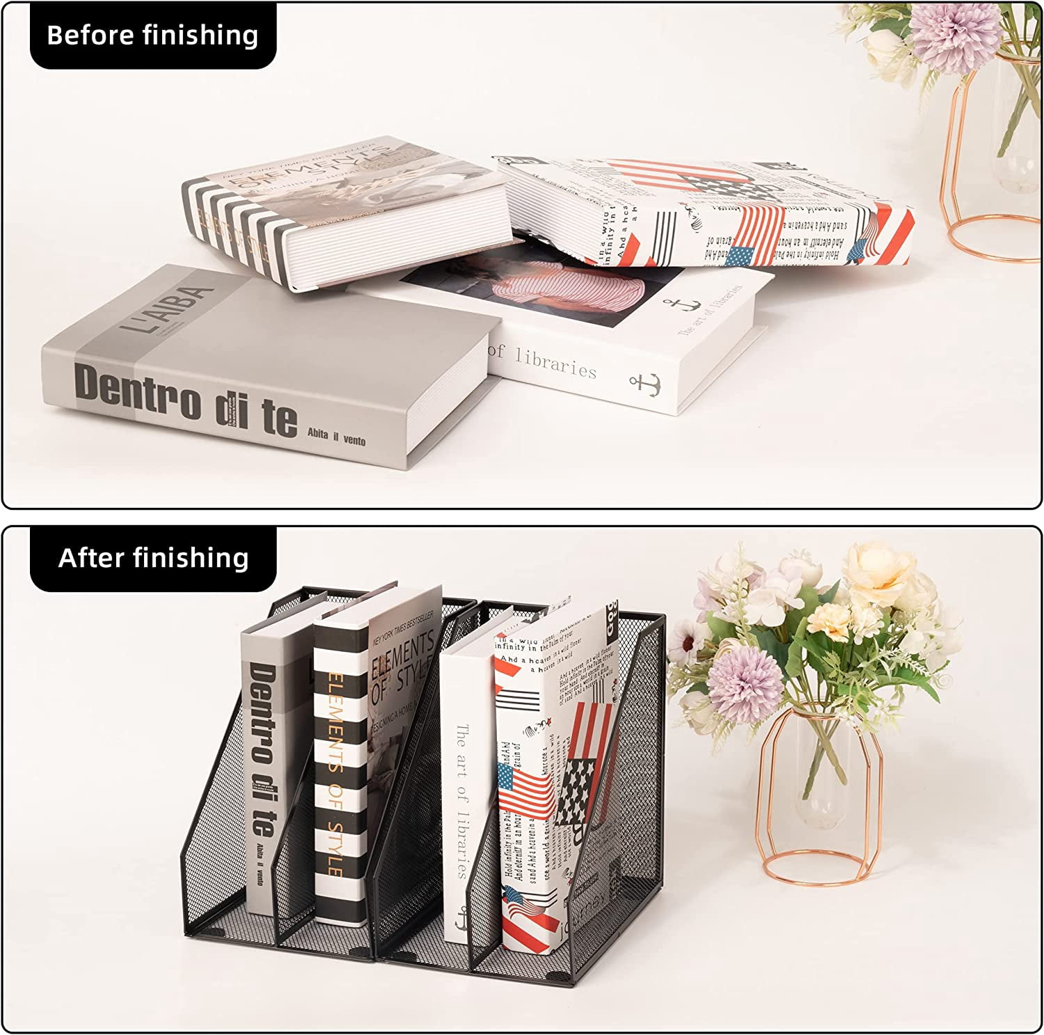 2 Set Magazine Holder Metal Wire, Compartments Mesh File for Desk, Office Desk Accessories Decorative Box, Black