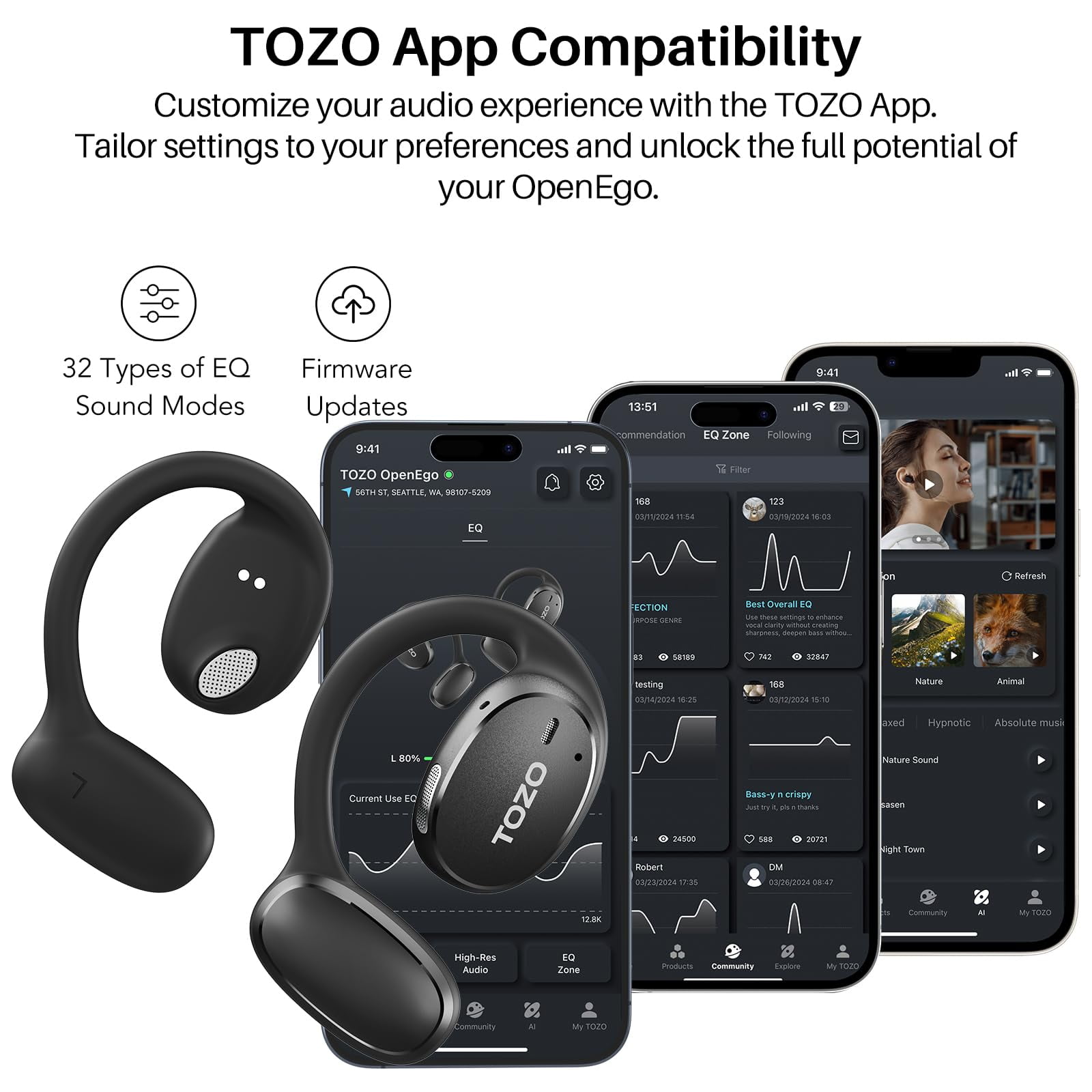 TOZO AI Noise Cancel Headphones, Open Ear Earbuds, Bone Conduction Headphones, 80H, 100+ Languages AI Translation, AI Clear Calls, OrigX Acoustics Stereo Bass, Lightweight Comfortable Wear