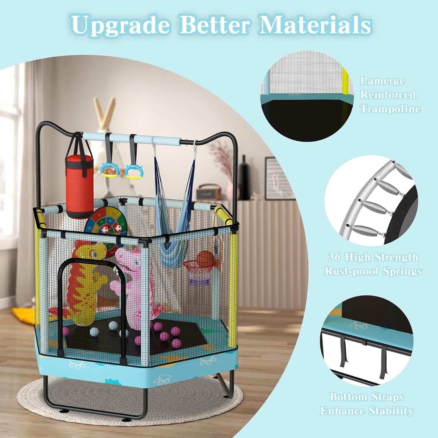 MOOSENG 7-in-1 Kids Trampoline with Safety Enclosure Net, 60" Hexagonal Toddler Trampoline with 500lbs Capacity, Indoor Outdoor Fun for Ages 1-8, Adjustable Handrail