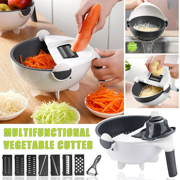 Cortador de verduras multifuncional Picadora Rebanadora en cubitos Manual Juego de herramientas de cocina | 7 cuchillas intercambiables | Cesta escurridora incorporada | Mango antideslizante
