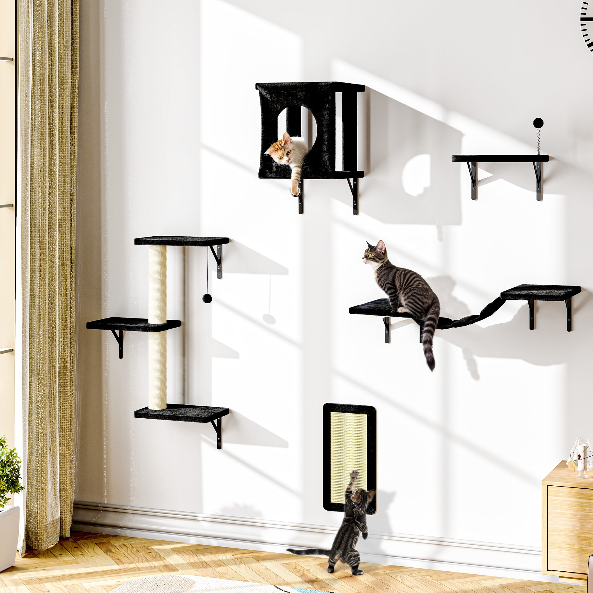 LHBCraft 5Pc Cat Wall Shelves Set, Black Wall-Mounted Cat Climber with Bridge & Perch