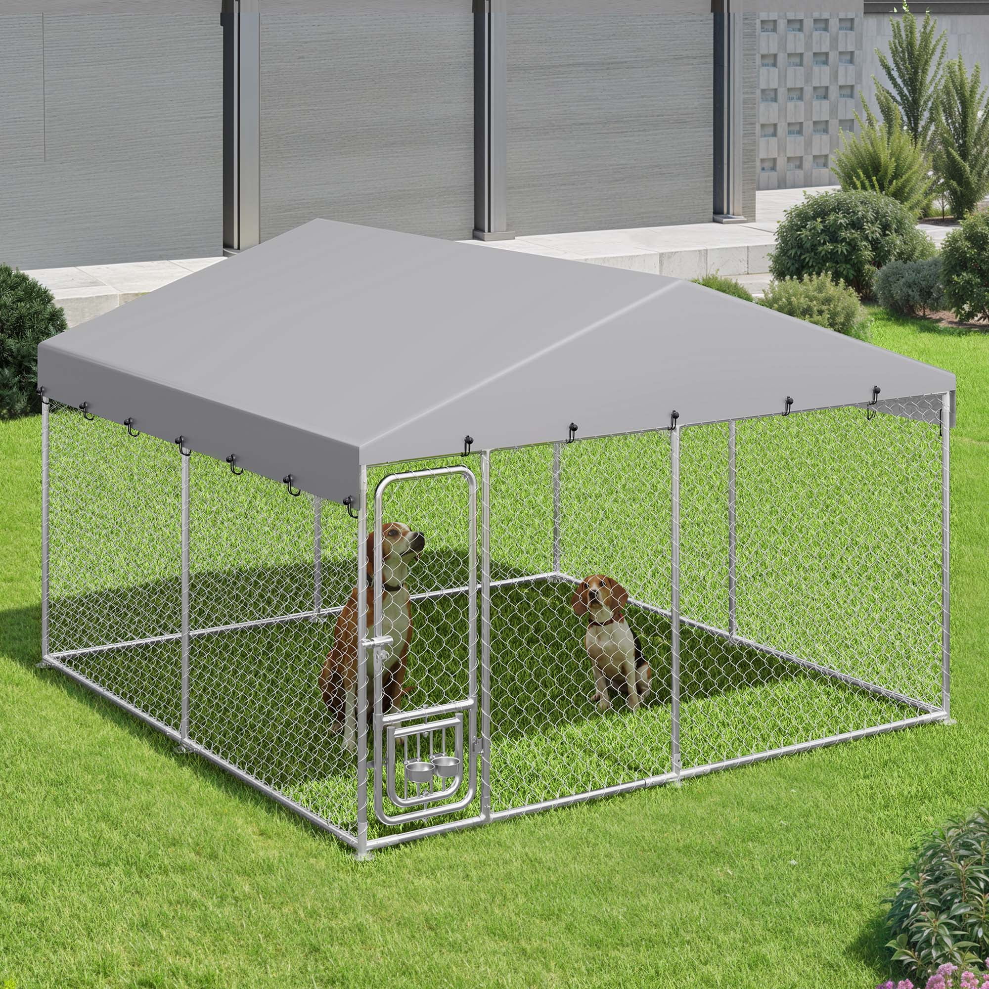 Dextrus 10'x10' Large Outdoor Dog Kennel, Outdoor Dog Enclosure with Rotating Feeder Bowls & Roof, Heavy Duty Dog Kennel for Backyard Farm