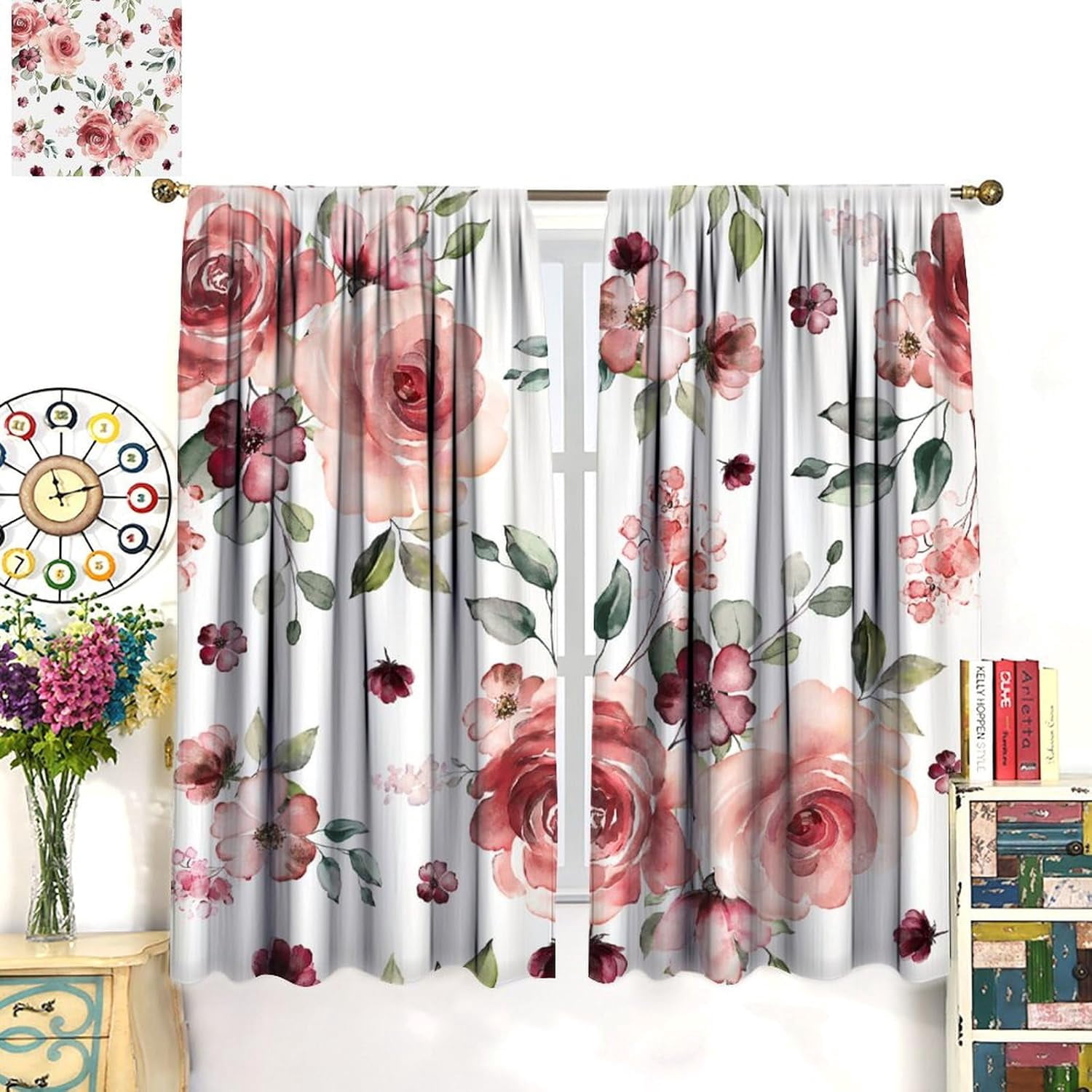 Pink Floral Curtains Rustic Watercolor Flower Leaves Natural Pattern Blackout Print Rod Pocket Window Drapes for Bedroom Living Room 42x63in