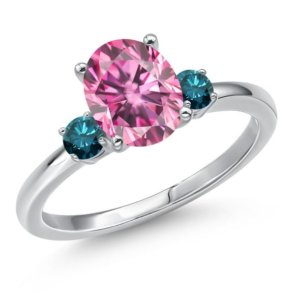 Gem Stone King 14K White Gold Pink Moissanite and Blue Diamond Engagement Ring for Women | 2.20 Cttw | Oval 9X7MM | Gemstone Birthstone | Size 6