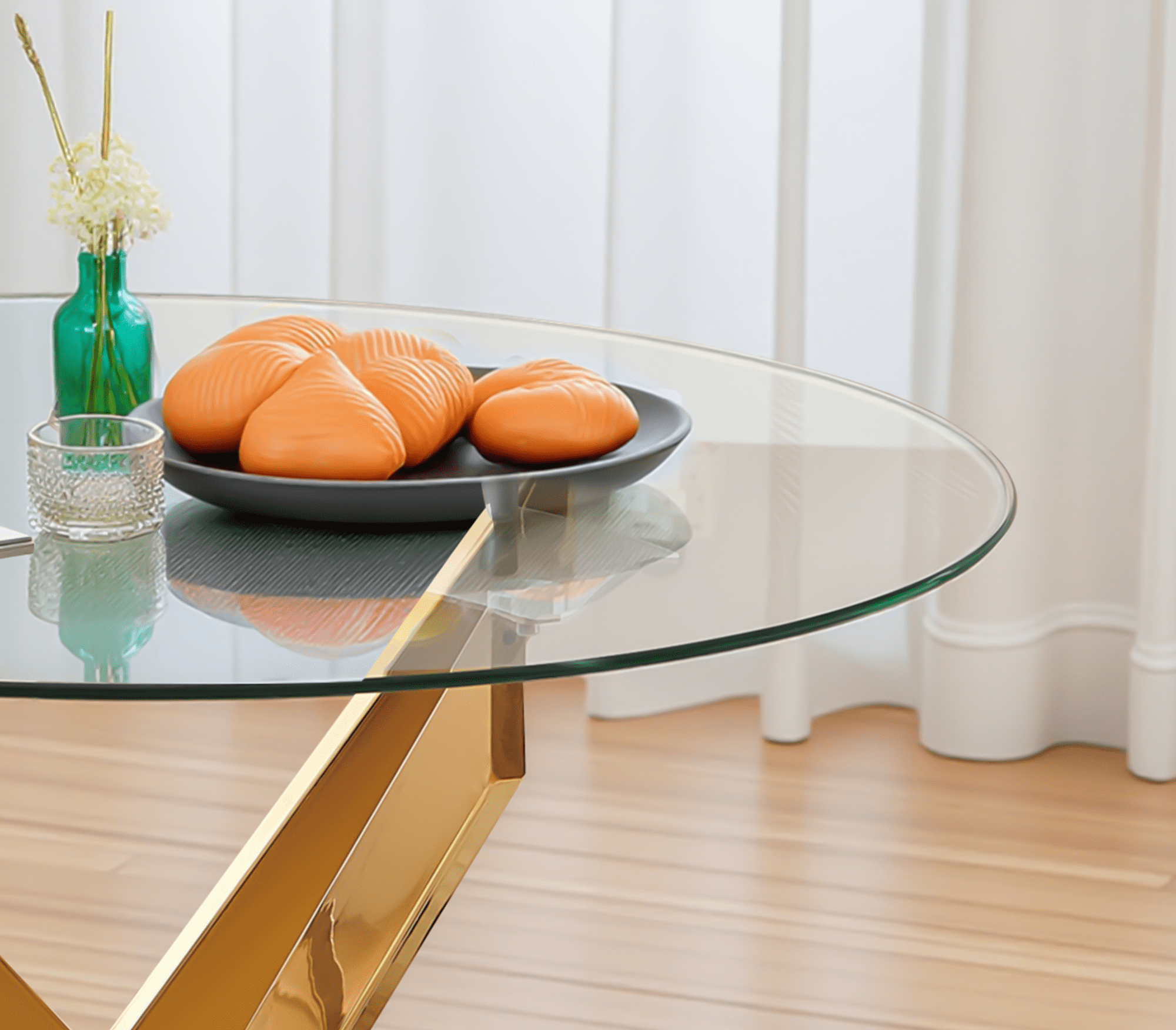 MAYEERTY Modern Golden Dining Table Cross Legs Glass Top Luxurious Living Room