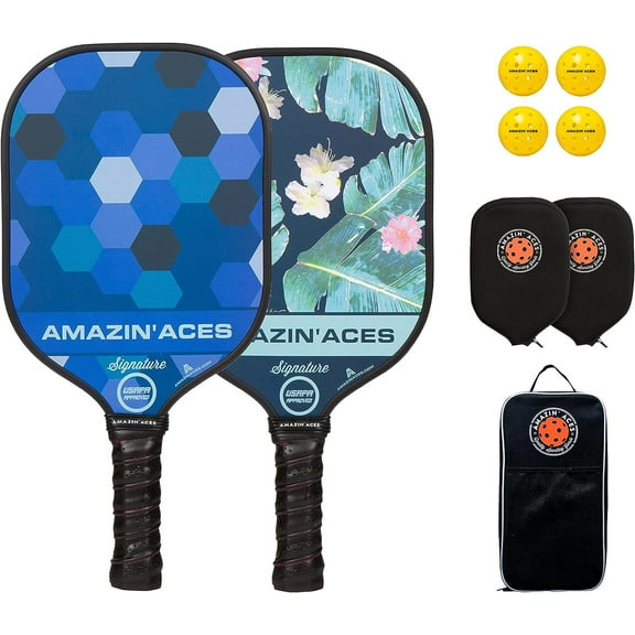 Amazin' Aces Signature Pickleball Set w/ 2 Graphite Face Paddles, Blue & Green, Outdoor Balls, & Bag