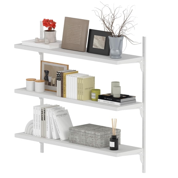 STORKING 8" Deep × 32" Long Adjustable Floating Wall Shelves, 3-Tier Metal Storage Rack, 165 lbs Capacity, Heavy Duty White Wall Mounted Shelves for Garage, Kitchen, Bathroom, and Home Decor