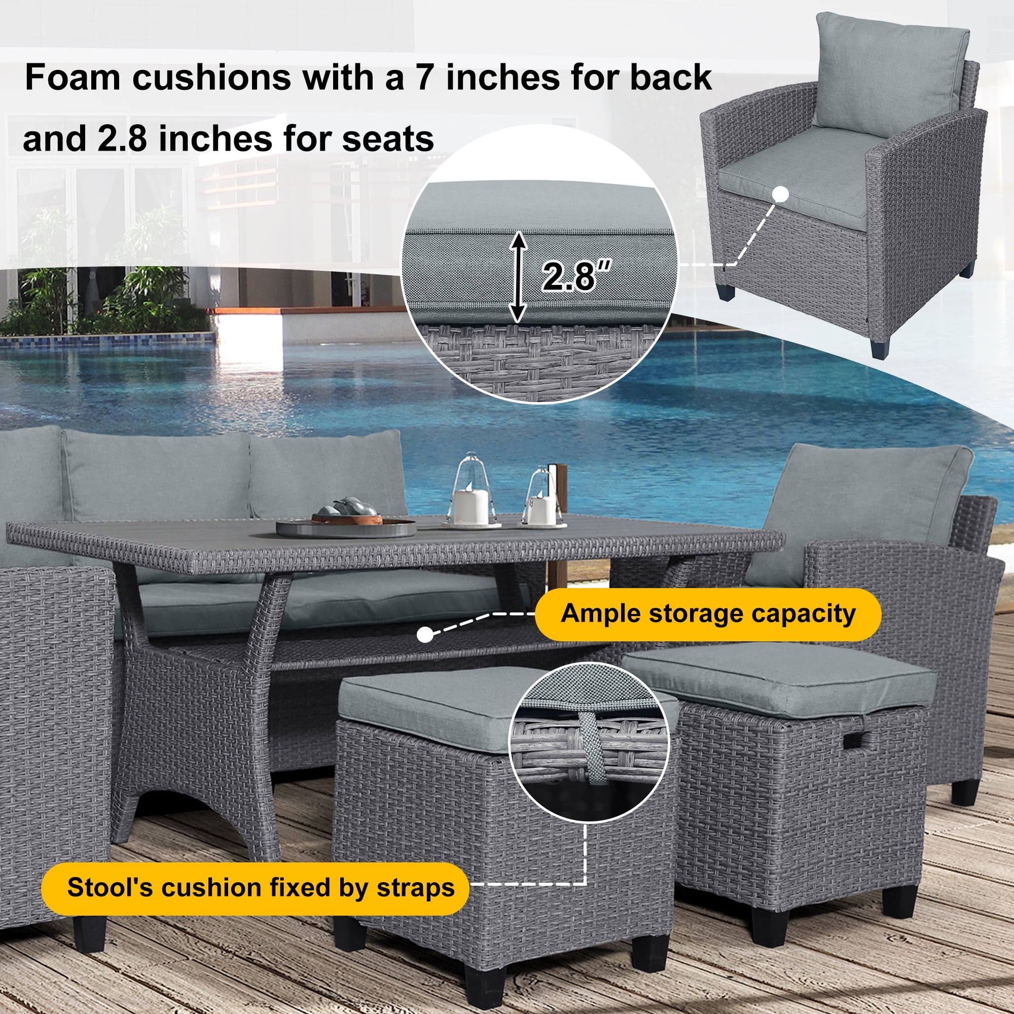 Harper & Bright Designs 6 Pieces Wicker Outdoor Patio Furniture Set with 3-Seater Sofa, 2 Armchairs, Coffee Table & Stools, All-Weather Rattan Conversation Lounge Set for Backyard Garden, Gray