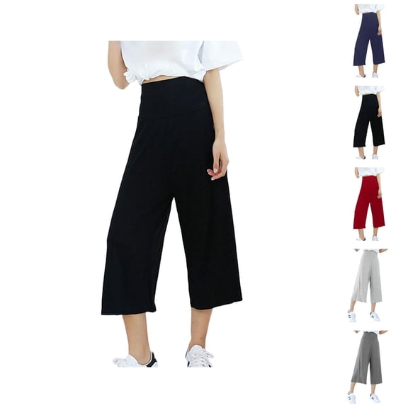 Palazzo Capri Pants for Women Spring Summer Lightweight Elastic High Waist Wide Straight Leg Flowy Capris