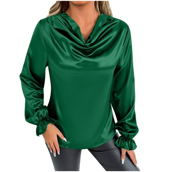 Business Casual Tops for Women Long Sleeve Satin Ruched Trendy Loose Comfy Formal Blouse Tops