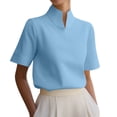 thumbnail image 2 of Yrmaups Loose Fit Short Sleeve Blouse for Women Plus Size, Elegant High Neck Top, Soft Stretch Tee for Business Work Office Daily Wear, Blue 2XL, 2 of 7