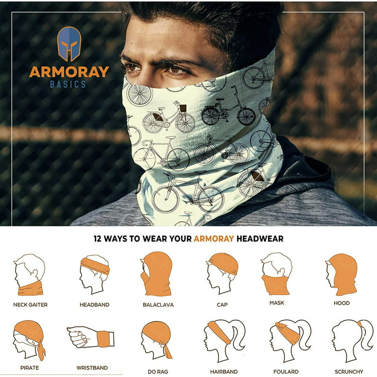 ARMORAY Face Mask ,Head Wrap, Neck Gaiter, Headband, Fishing Mask, Magic  Scarf, Tube Mask, Face Bandana Mask, Neck Balaclava and Sport Scarf 12 in 1