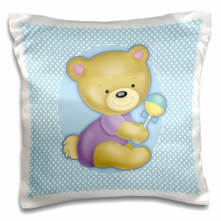Teddy Rattle - 3dRose Cute Teddy Bear with Rattle on Blue Polkadot Background - Pillow Case, 16 by 16-inch
