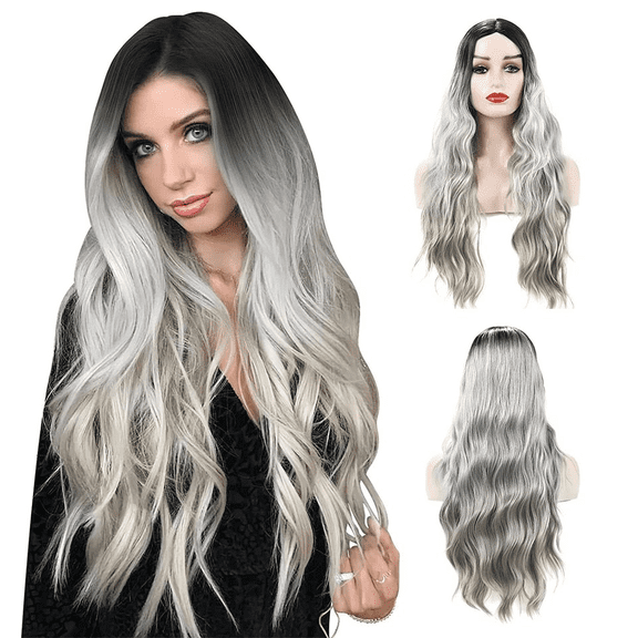 Women's Long Wavy Wig Ombre Silver Curly Synthetic Hair Cosplay Party Hairpieces