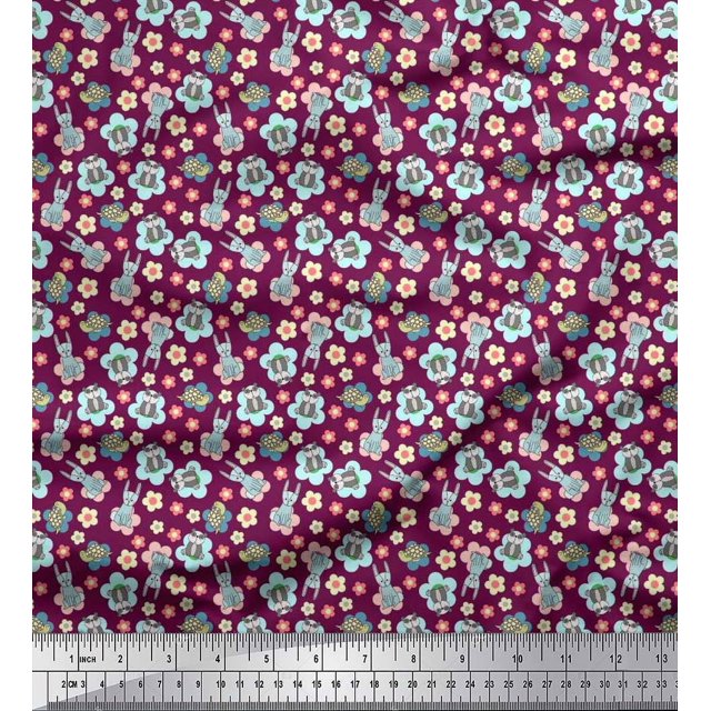 Soimoi Cotton Cambric Fabric Tortoise,Rabbit & Panda Kids Print Sewing Fabric Yard 42 Inch Wide