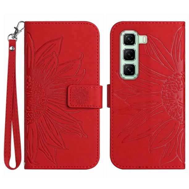 For Infinix Hot 50 Pro 4G Case Sunflower Imprint Leather Wallet Phone Cover with Wrist Strap - Dark