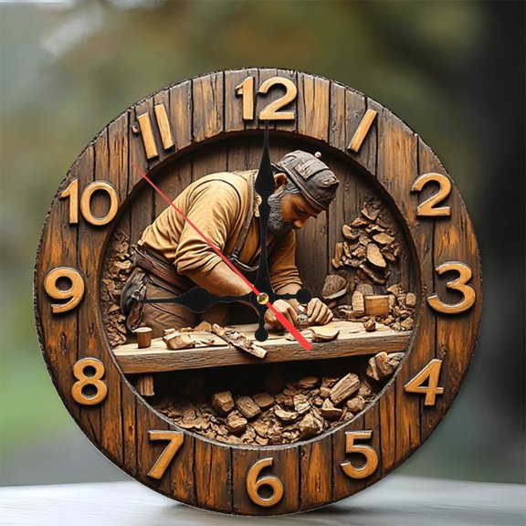 Wood Carving Craftsman Wall Clock 10-Inch Silent Wooden Wall Clock, Battery Operated (AA Batteries Not Included), Artistic Home Decor