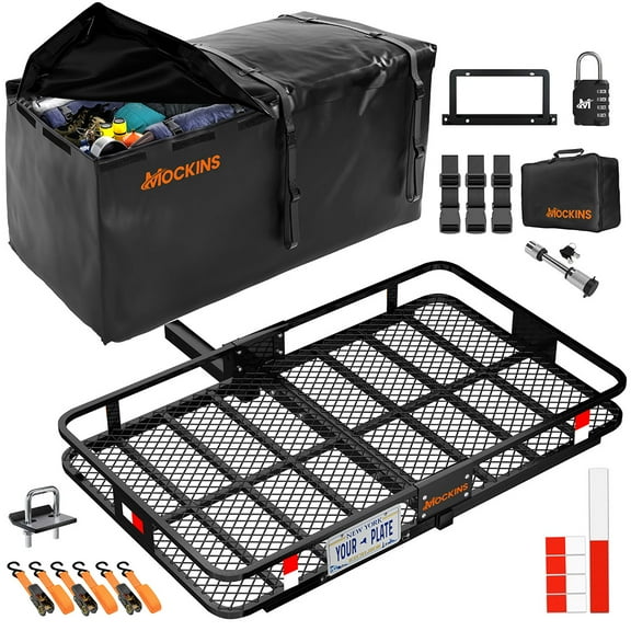 Mockins 60"x36"x6" Tow Hitch Cargo Carrier with 35 Cu.Ft. Cargo Bag, License Plate Holder, Stabilizer, Locks and Straps
