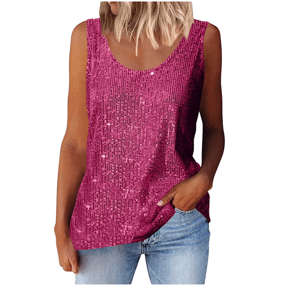 Aricy Sequin Tank Tops for Women Summer Glitter Party Tops Casual Sleeveless Round Neck Sparkly Clubwear Loose Camisole Shirt Sparkly Glitter Blouses Party Club Cocktail Vest Shirt