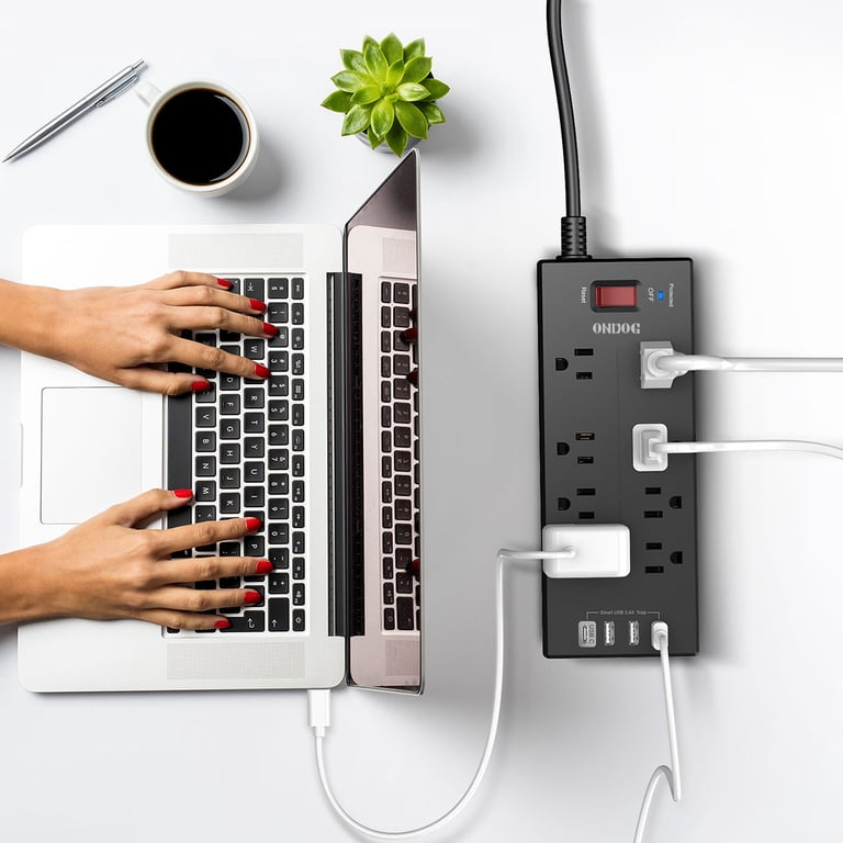 8-Outlet Power Strip with 4 USB Ports and 6ft Extension Cord, Black photo 2