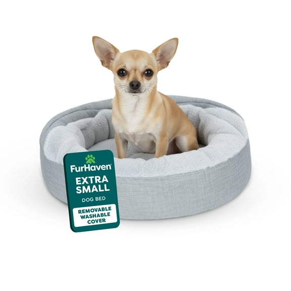 FurHaven Plush & Performance Linen Hooded Donut Pet Bed for Dogs & Cats - Mist Gray, Extra Small - 20"
