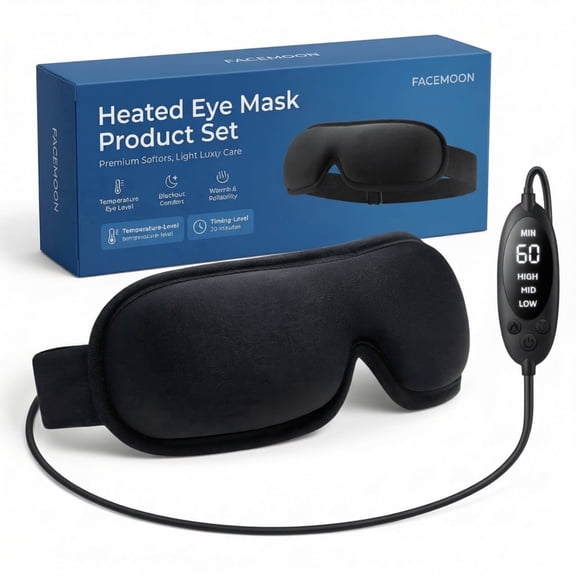 FACEMOON Heated Eye Mask, USB Power, 3 Heat Levels, Warm Compress, Dry Eye Relief, Black