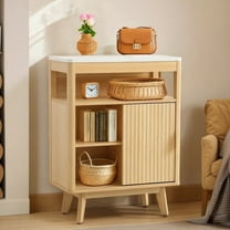 Haverchair 31" Fluted Bathroom Cabinet Floor 3 Drawer Storage Organizer with Sliding doors&Adjustable Shelf, Curved Profile Wood Storage Cabinet Freestanding for Living Room and Kitchen, Natural Oak