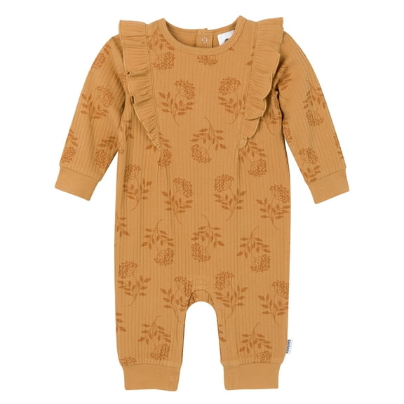Gerber Baby Girl Long Sleeve Romper with Ruffles, Sizes Newborn - 24 Months