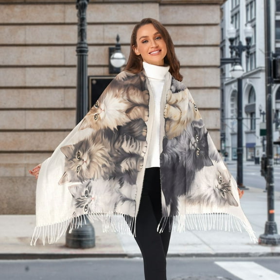 Cats White Winter Scarf for Women Fashion Warm Long Soft Blanket Scarves Gifts