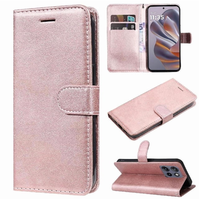 Wallet Case for Motorola Edge 50 Neo Flip Cover with Card Slots, Magnetic Stand & Strap Pink