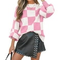thumbnail image 3 of Women'S Fall Fashion Roll-Neck Long Sleeve Plaid Ribbed Knit Loose Pullover Sweater Tops Pink Checkered XXL, 3 of 9