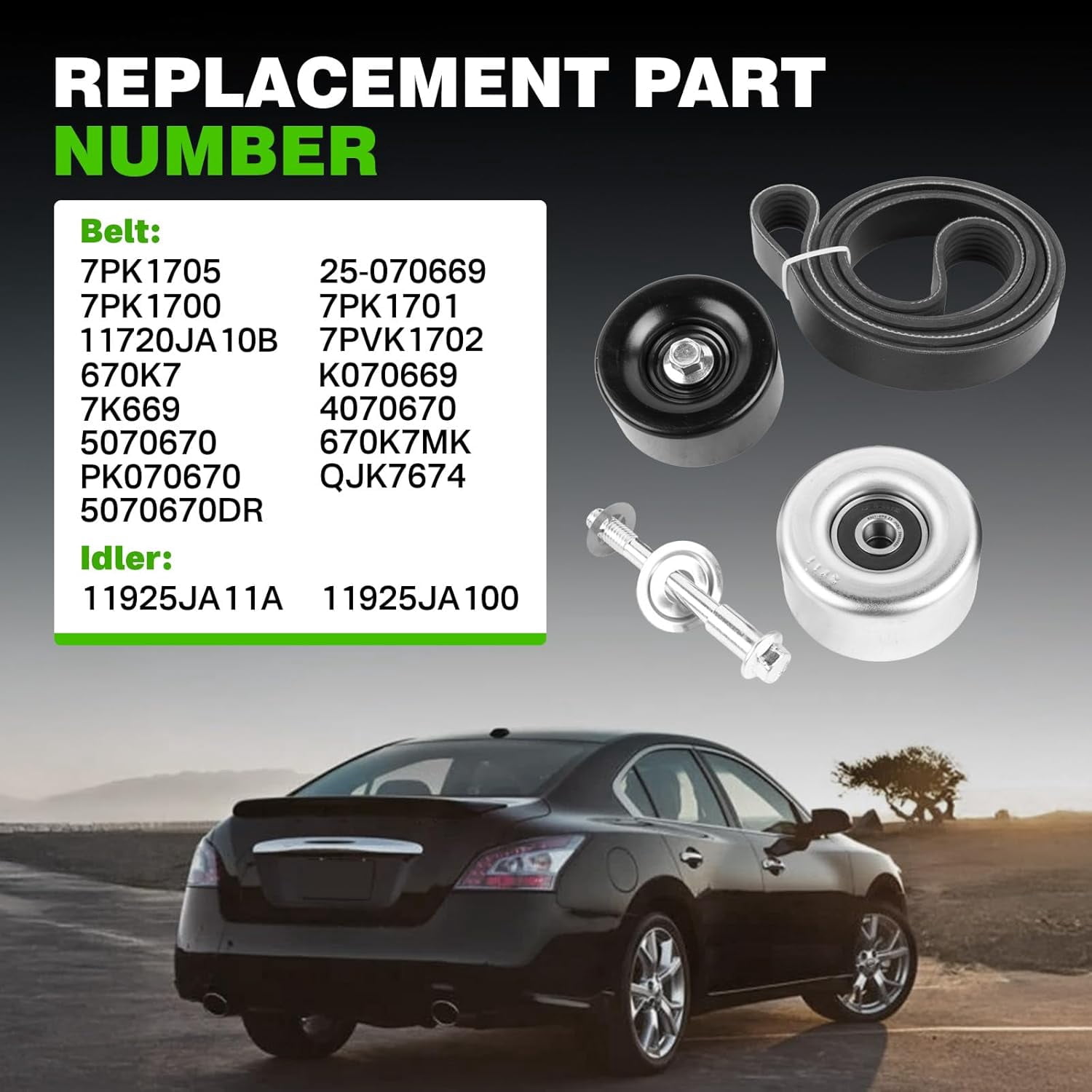 11955JA10D Engine Drive Belt Tensioner Idler Pulley Serpentine Belt Kit Compatible with 2009-2015 Nissan Maxima 3.5L V6 Replace 39155 11925JA100 11955JA10A 11925JA11A 7PK1705