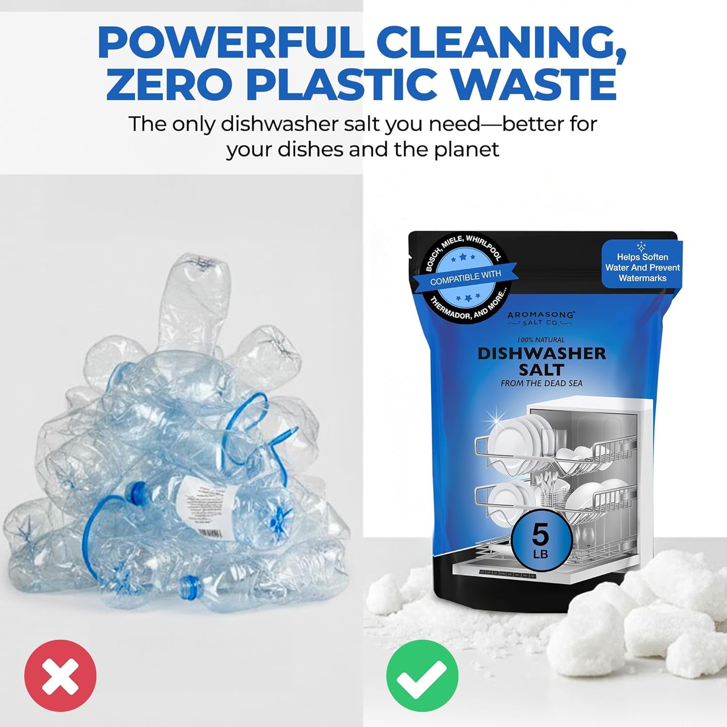Aromasong Dishwasher Salt 5 lb - Natural Water Softener Salt for Cleaner Dishes and Spot-Free Finish