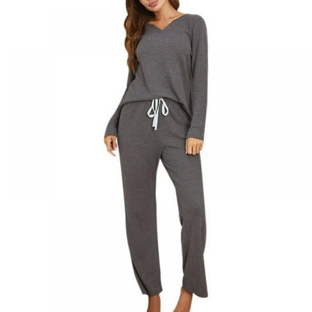 

EFINNY Women s Comfortable Loungewear V-neck Sleepwear Long Sleeves Top with Pants Pajamas Set