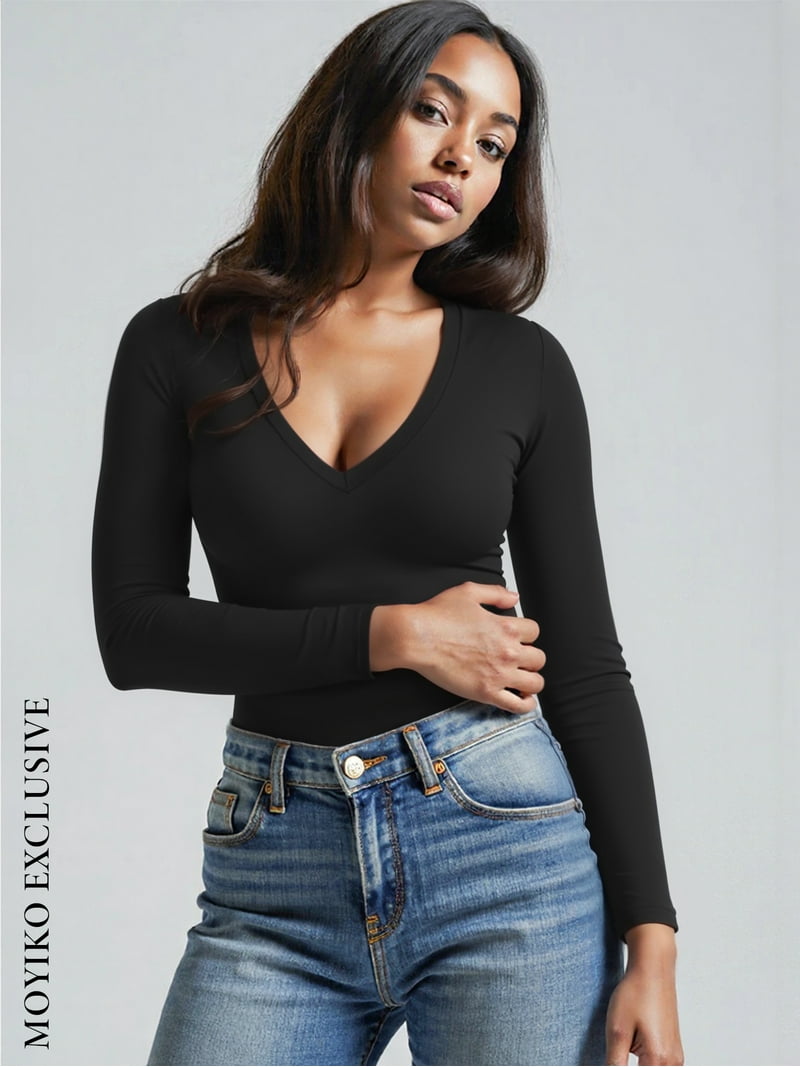 deep v neck dress shirt Moyiko Deep V Neck Long Sleeve Shirts for Women Fitted Tops Tee, Women's, Size: Large, Black