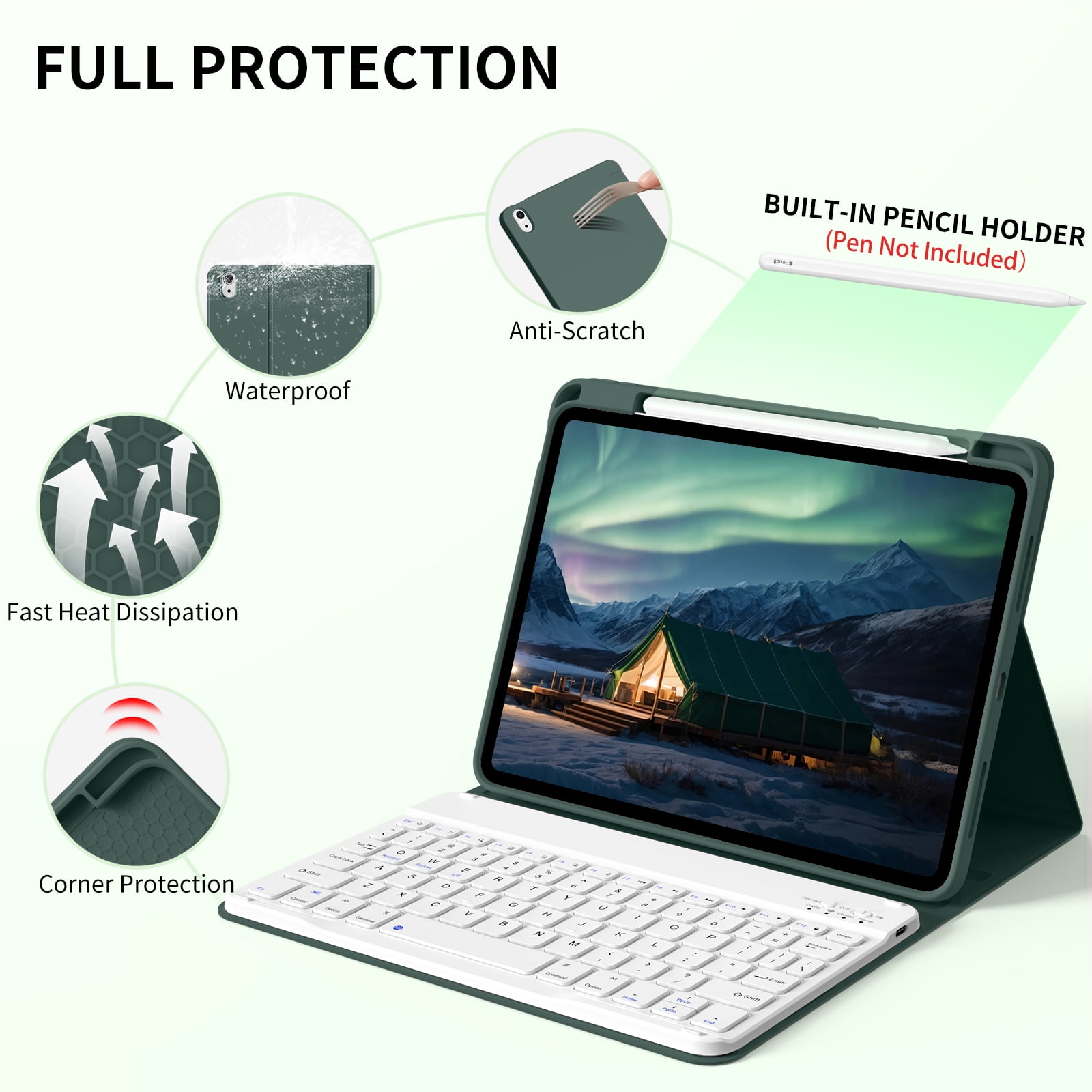 Kenke Case for iPad (A16) 11th Generation 11 inch 2025 with Keyboard,iPad 10th Generation 10.9 inch 2022 Detachable Bluetooth Keyboard Rechargeable,with Pencil Holder,Soft TPU Back Cover,Dark Green