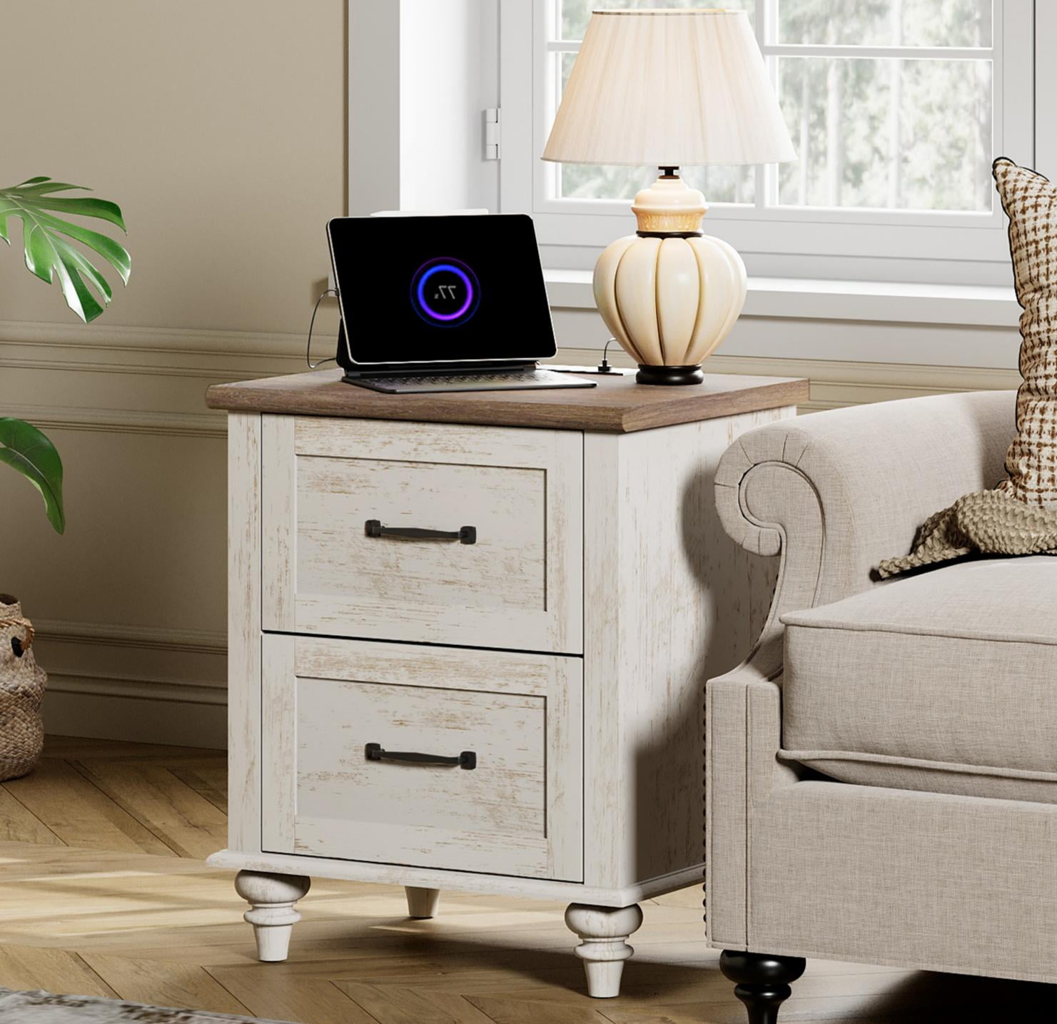 Antique White Side Table with 2 Drawers, Rustic End Table with Charging Station, Wooden Nightstand for Bedroom, Living Room