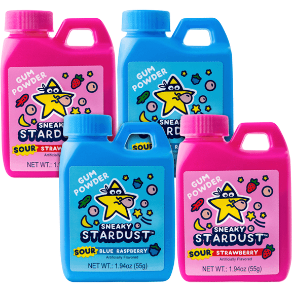 Kidsmania Sneaky Stardust Gum Powder Candy, Sour Strawberry and Sour Blue Raspberry, 4 Count Variety Pack, 1.94 oz Bottles, 2 of Each Flavor
