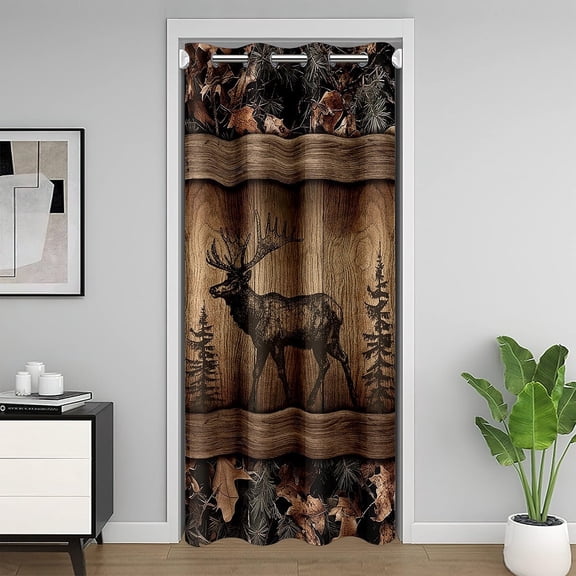 Woodland Moose Elk Deer Blackout Curtain 42"W X 80"L for Bedroom,Hunting Animal Door Curtain for Doorway Privacy,Farmhouse Countryside Cabin Room Divider Curtain,Camo Leaves Door Drape