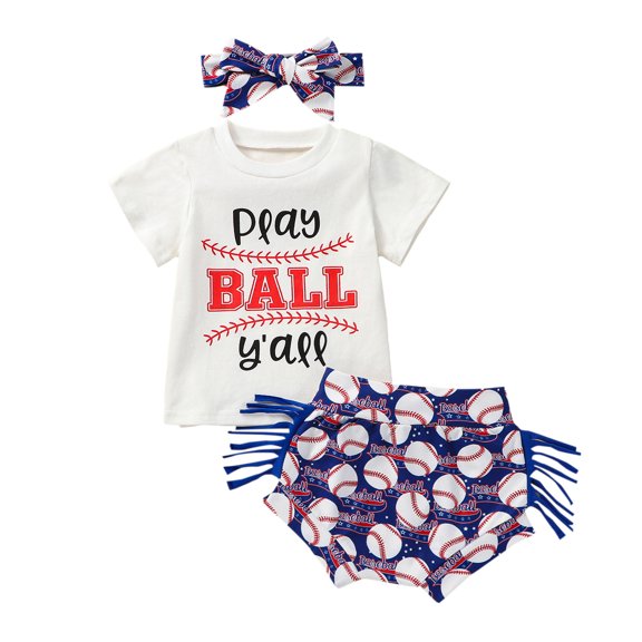 Okbabeha Baby Girl Baseball Outfit Short Sleeve Letter Print T Shirt Tops Tassel Shorts Set Infant Summer Weatern Clothes