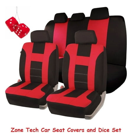 Plush Fuzzy Dice (Zone Tech Universal Fit 100% Waterproof Breathable Full Set of Red and Black Racing Style Seat Covers + Pair of Bold Red Plush Hanging Fuzzy Dice)
