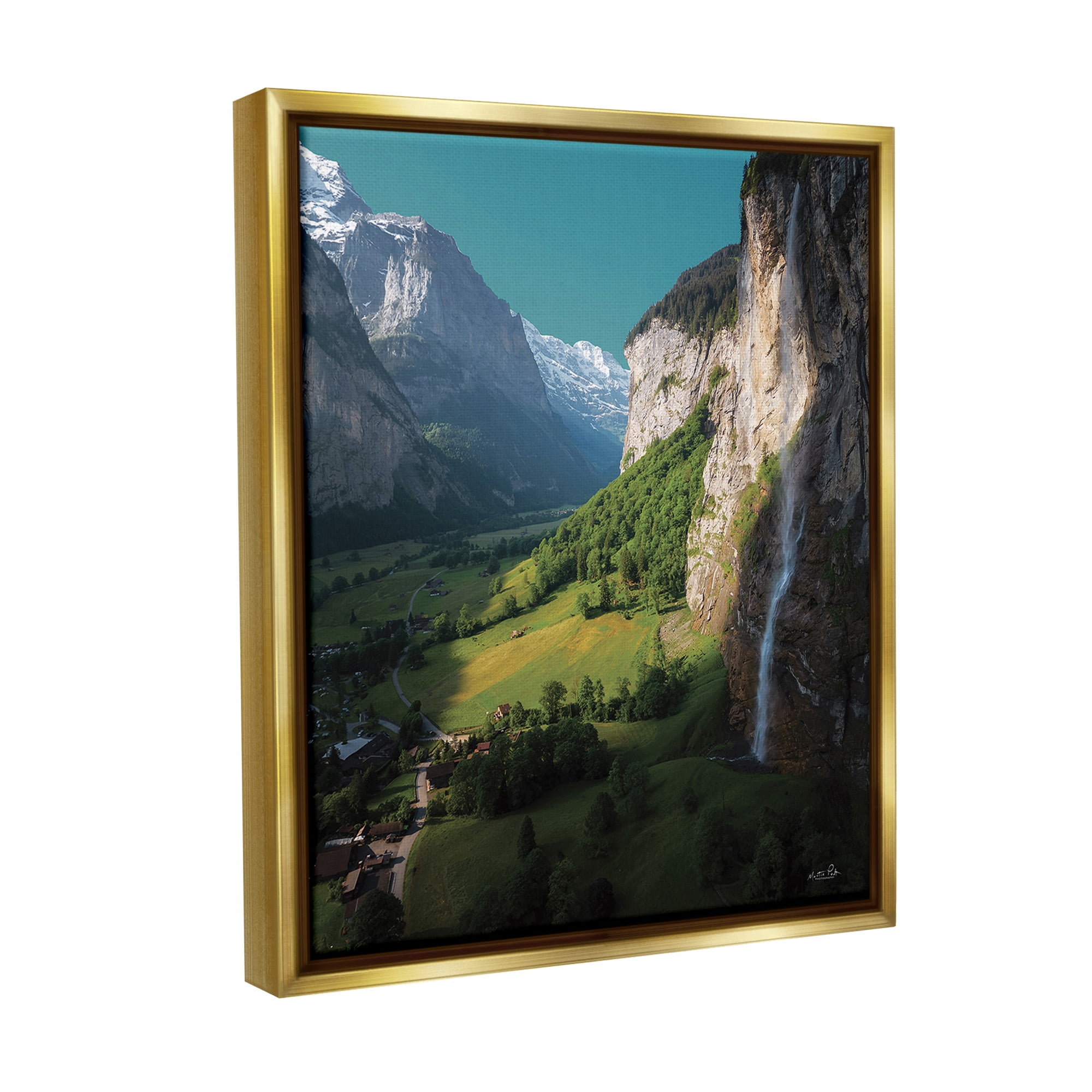 Stupell Industries Valley Cliffs Grassland Landscape Photography Gold Floater Framed Canvas Art Print Wall Art, 17 x 21